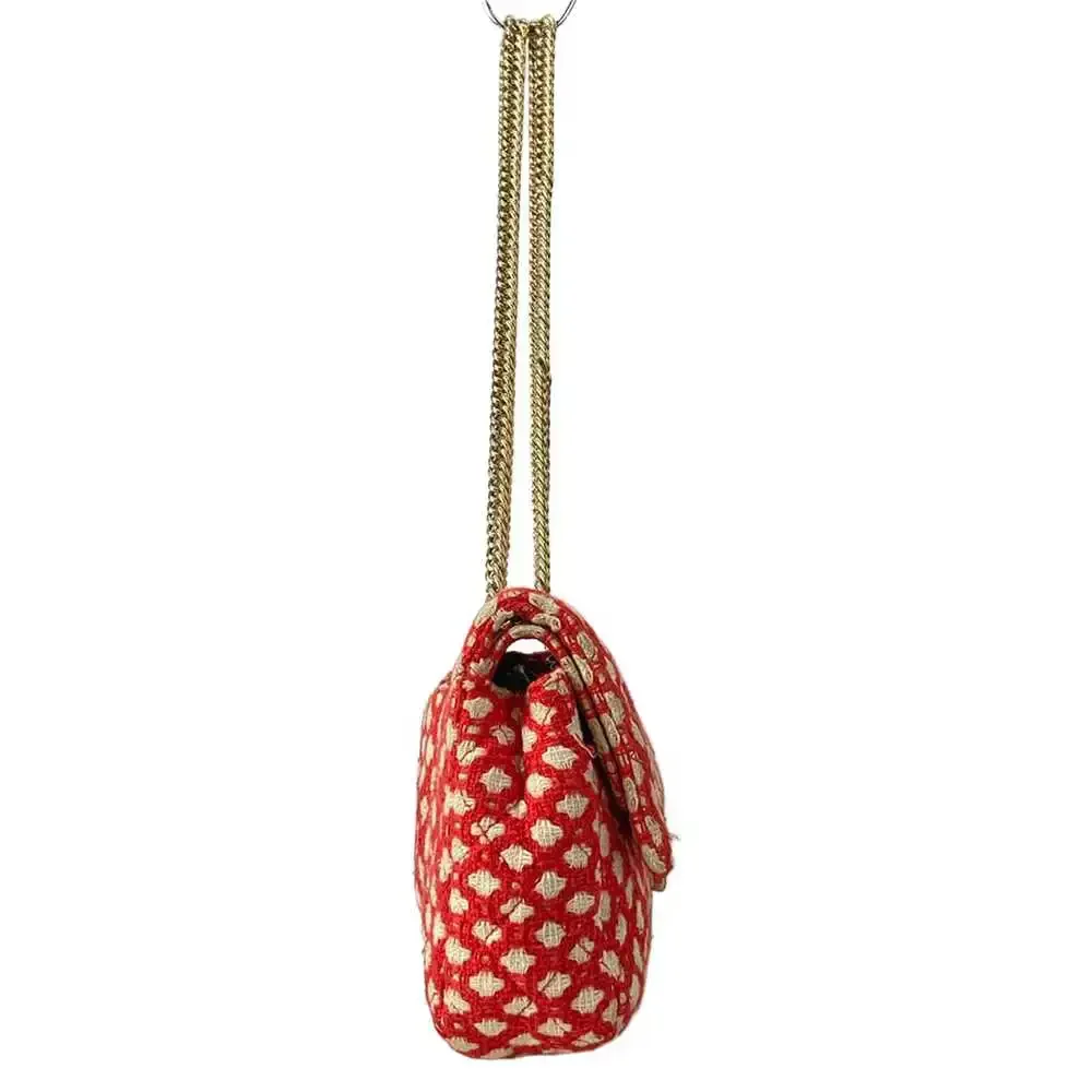 Chanel Double Flap Matelasse Shoulder Bag Red Cream Gold Tweeds Hardware